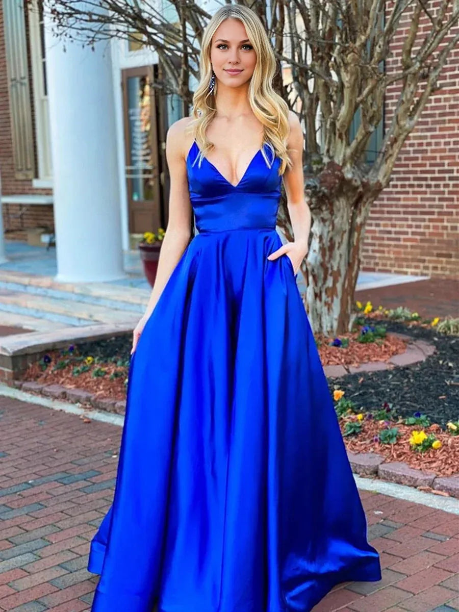 Robe Weitese A-Line, col en V, dos nu, en satin, longue, robe de bal, bleu roi, robe de soirée formelle